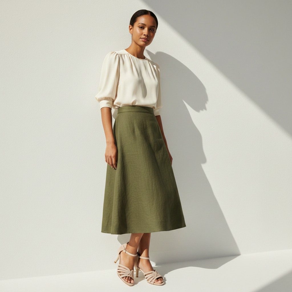 A model stands against a white wall in a bright studio setting, wearing a cream puff-sleeve blouse and an olive green midi skirt, paired with beige strappy sandals.