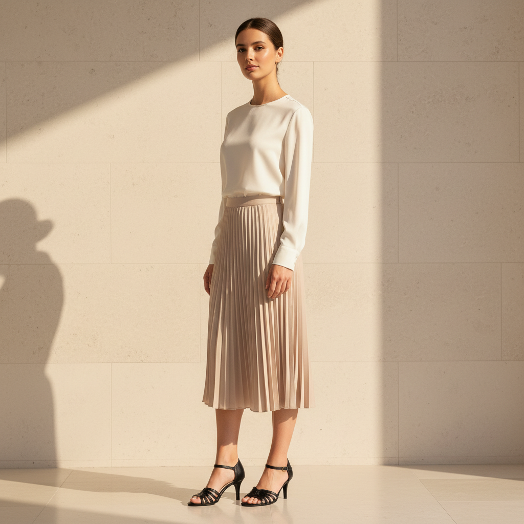 A woman stands in a minimalist studio wearing a cream long-sleeve knit top and a beige pleated midi skirt, paired with black strappy high-heeled sandals. The background is a warm beige textured wall with strong diagonal sunlight casting a soft shadow.