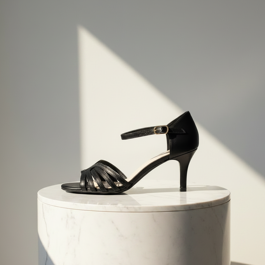 A single black strappy high-heeled sandal with an ankle strap and buckle, displayed on a white marble cylindrical pedestal against a light gray wall with dramatic diagonal sunlight shadows.