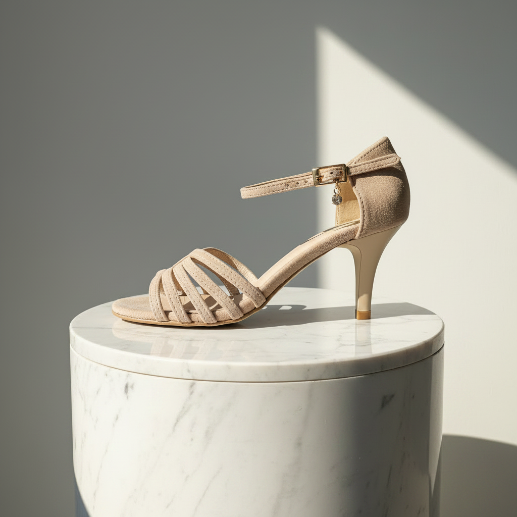 A single beige strappy high-heeled sandal with an ankle strap and buckle, displayed on a white marble cylindrical pedestal against a gray wall with sharp sunlight shadows.