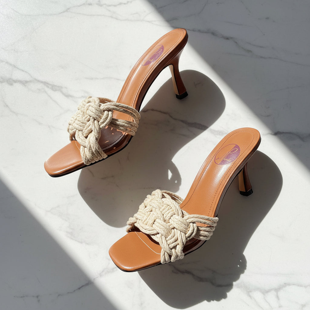 Pair of slip on mules made of brown leather and jute with Piccolashoes logo, rested on a marble floor.