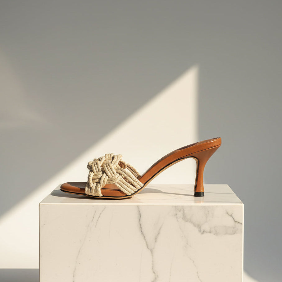 Brown leather and natural jute petite mule sandal elevated on a marble pedestal.