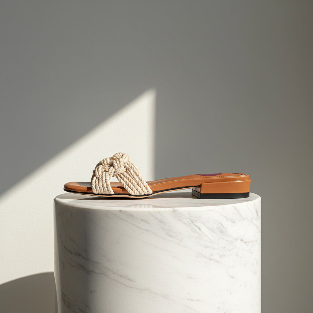 Profile picture of a flat mule sandal in brown leather with a jute braided pattern over toe, elevated on a marble stand.