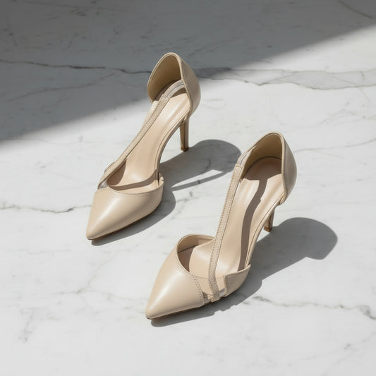ORA nude leather stiletto heels with cross-straps, showcasing elegant D'Orsay design for petite feet