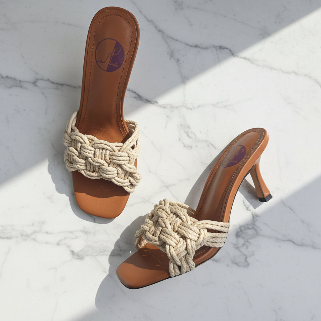 Pair of high heel sandals in brown leather and natural jute resting on a grey marble surface. 
