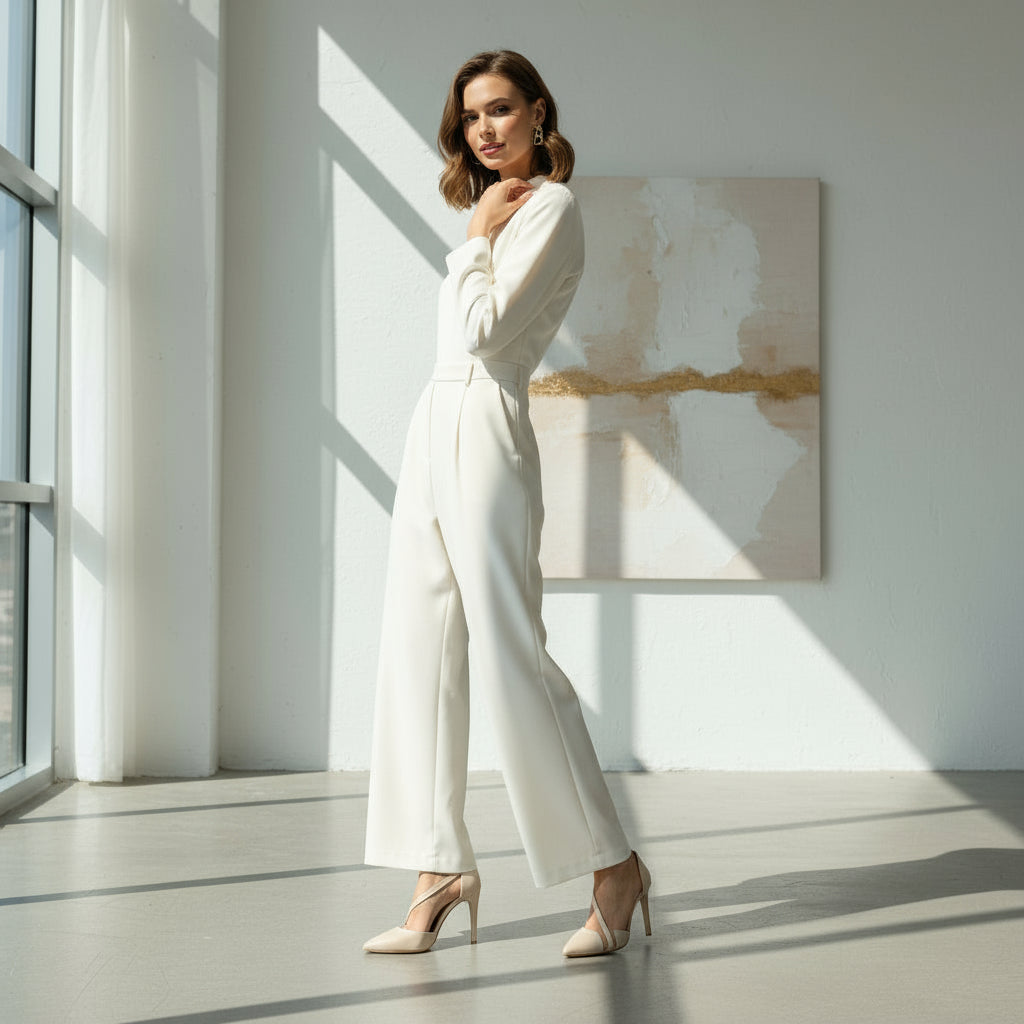 Woman in a white outfit standing in a bright room with large windows.