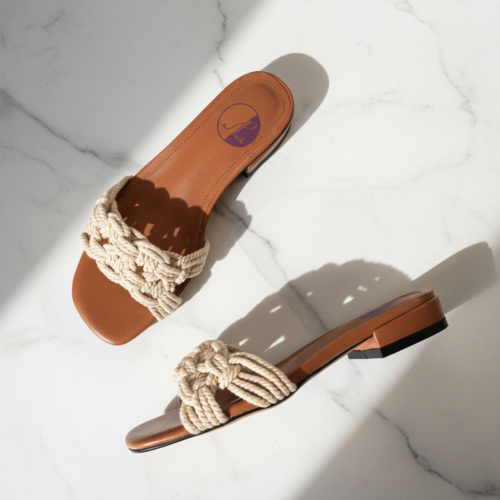 Brown leather and jute mule sandal.