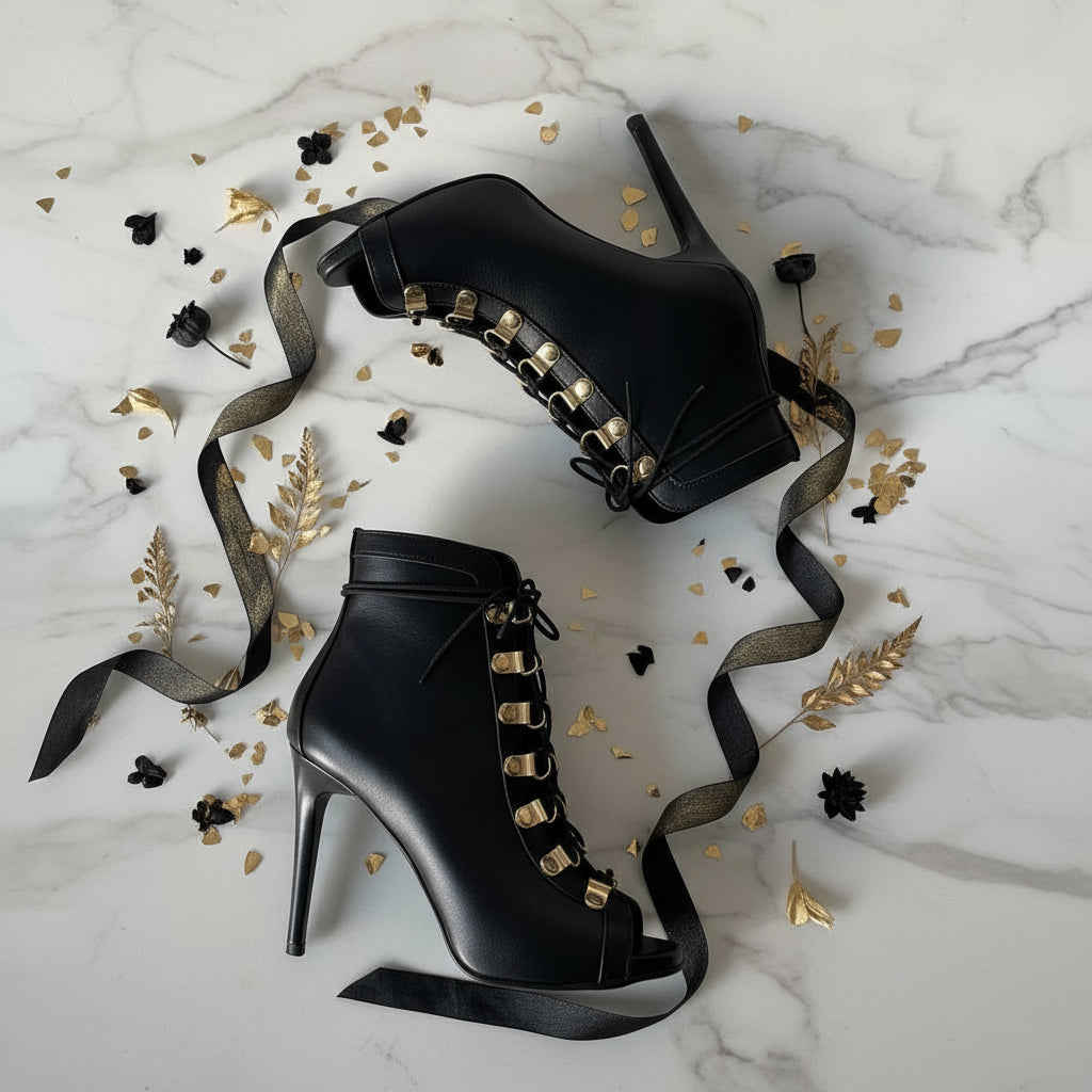 Flatlay of ORIA black lace-up boots with gold hoop eyelets among black and gold accents.