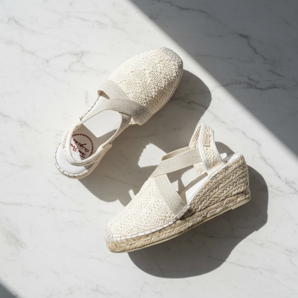 A pair of off-white woven wedge espadrille-style sandals with elastic ankle straps, photographed on a white marble surface with strong diagonal sunlight and shadows.