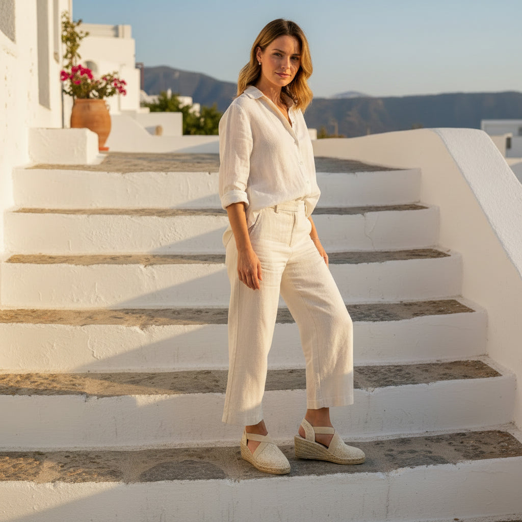 A woman stands on white outdoor stairs wearing a light cream linen shirt and matching wide-leg trousers, with beige espadrille wedge sandals. The background features white stucco walls, a potted plant, and distant mountains under a clear blue sky.