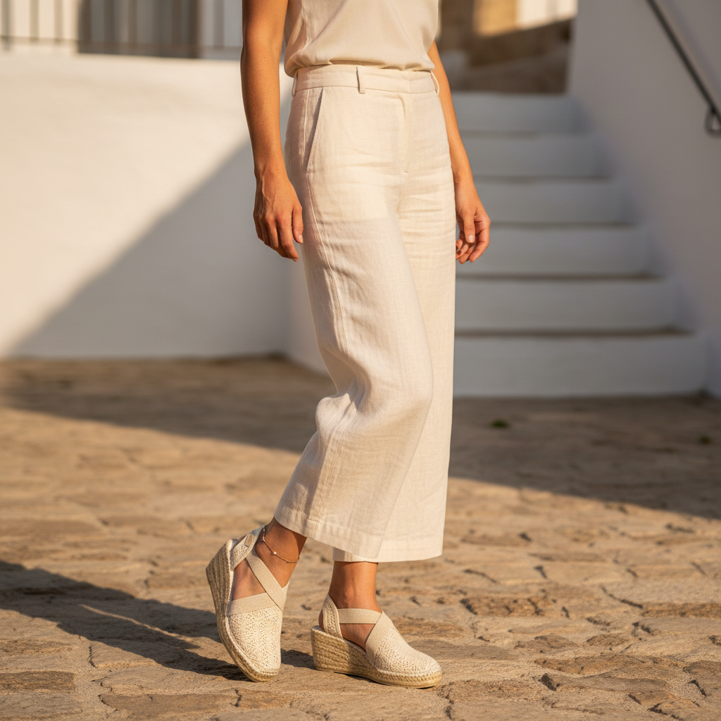 A person wearing light beige wide-leg cropped trousers and woven espadrille wedge sandals, standing on a sunlit stone path with white steps in the background.