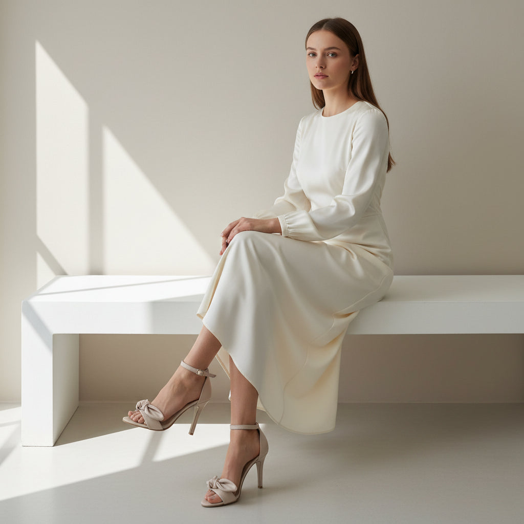 Woman in a white dress sitting on a white bench in a minimalistic setting