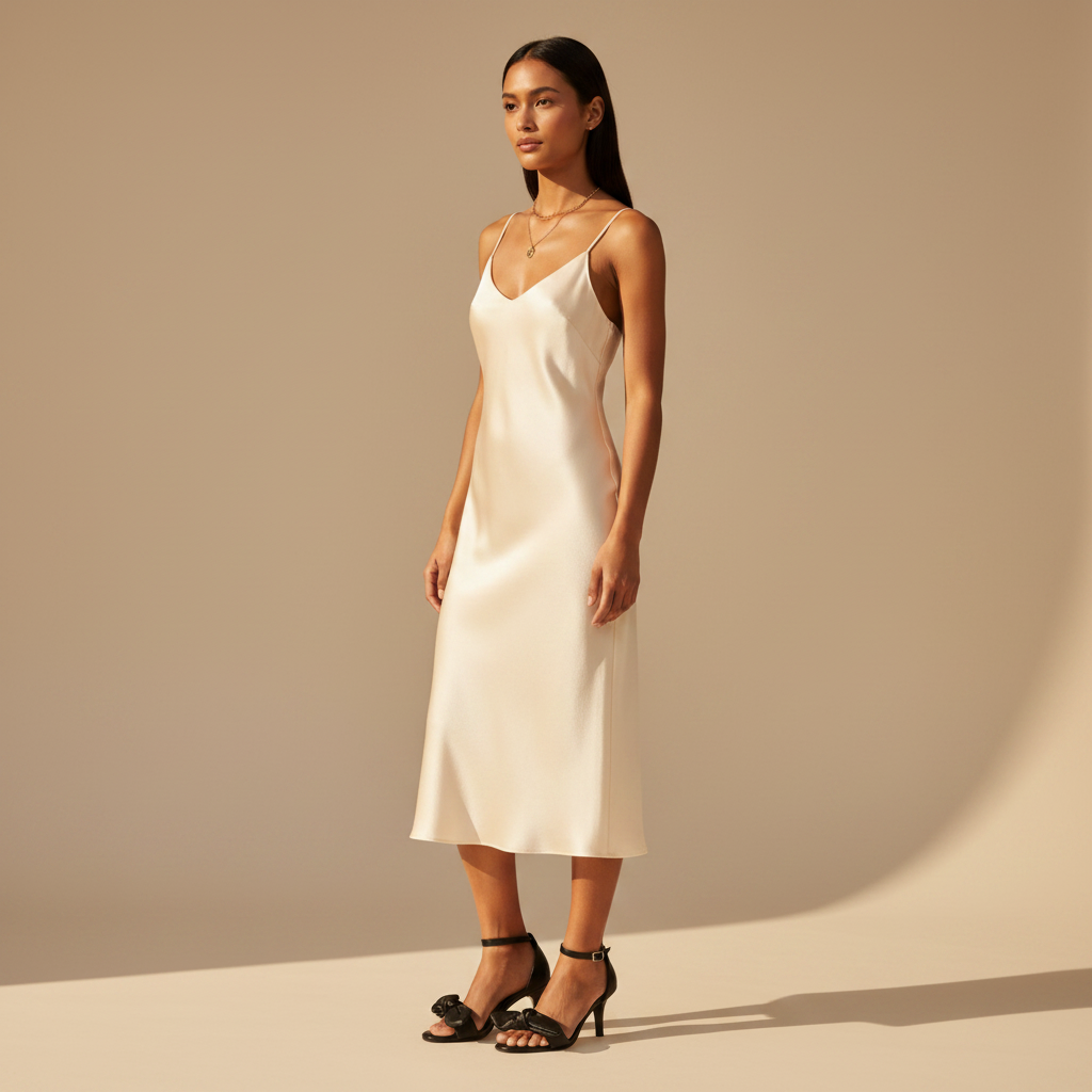 Model wearing cream midi silk dress and contrasting lack leather kitten heel sandals with a bow. 