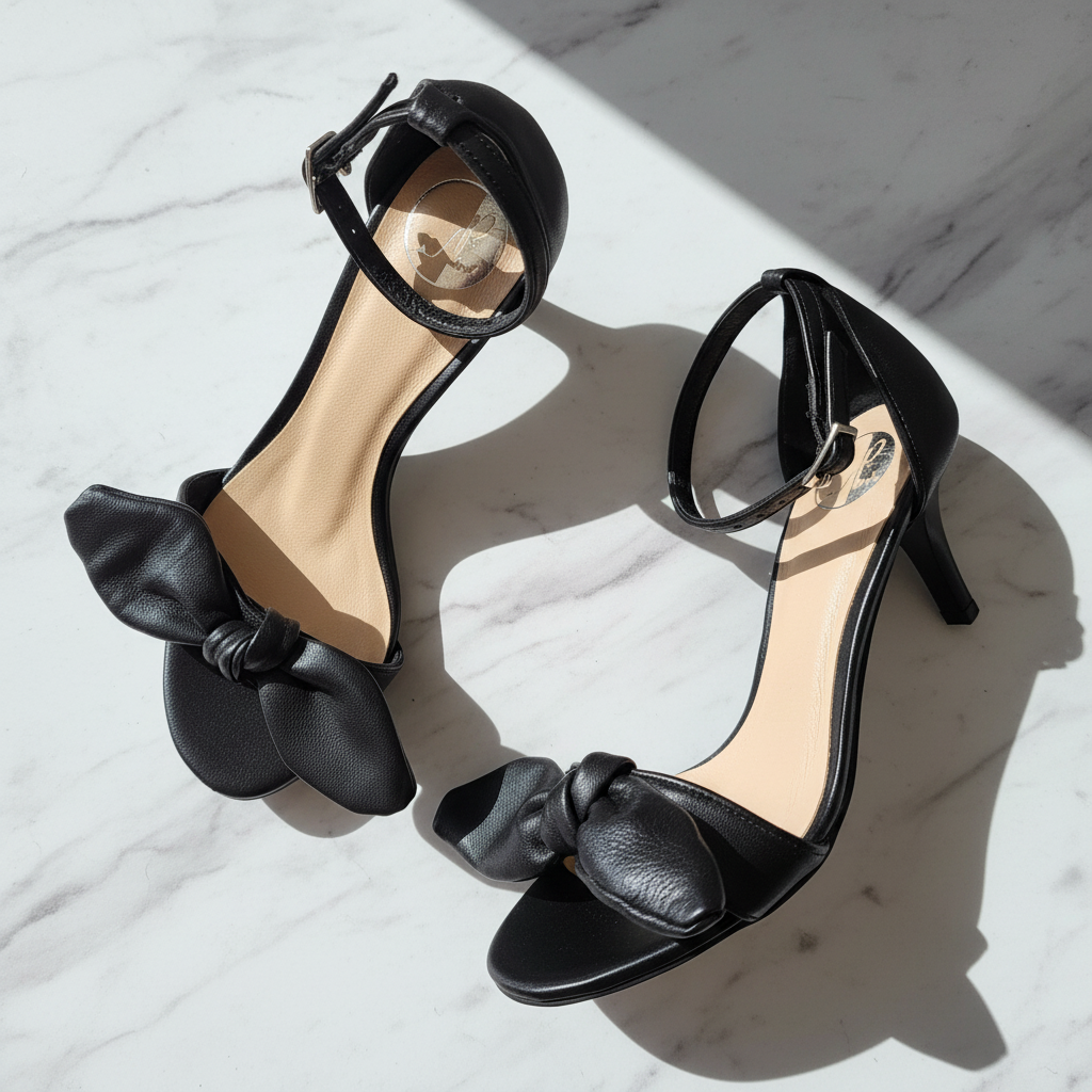 Pair of black leather ankle strap sandals with a large bow on a marble surface. 