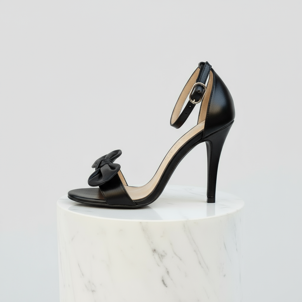 Black high-heeled sandal with bow detail on a white pedestal