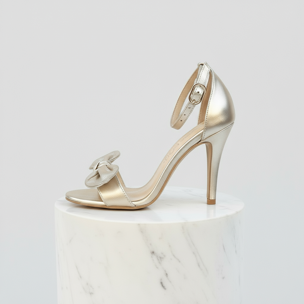 Gold high-heeled shoe on a white marble pedestal with a light gray background