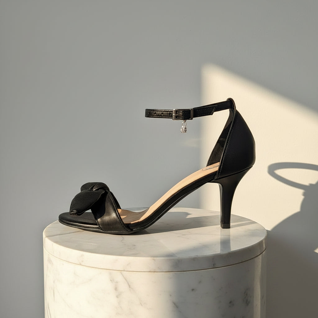 Kitten heel sandals in black leather with a decorative bow set on a marble stnd