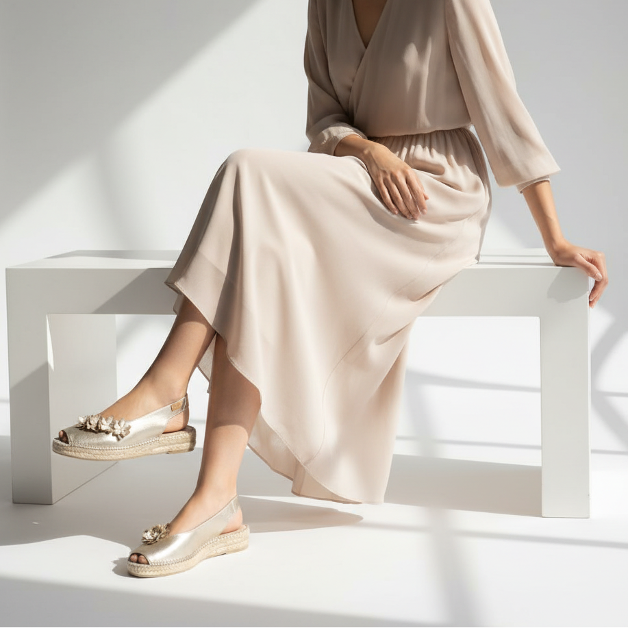 Woman in a beige dress and gold sandals sitting on a white bench.
