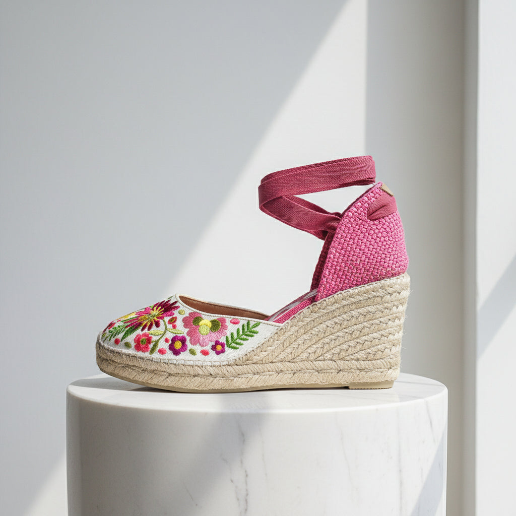Pink wedge sandal with floral embroidery on a white pedestal against a light gray background