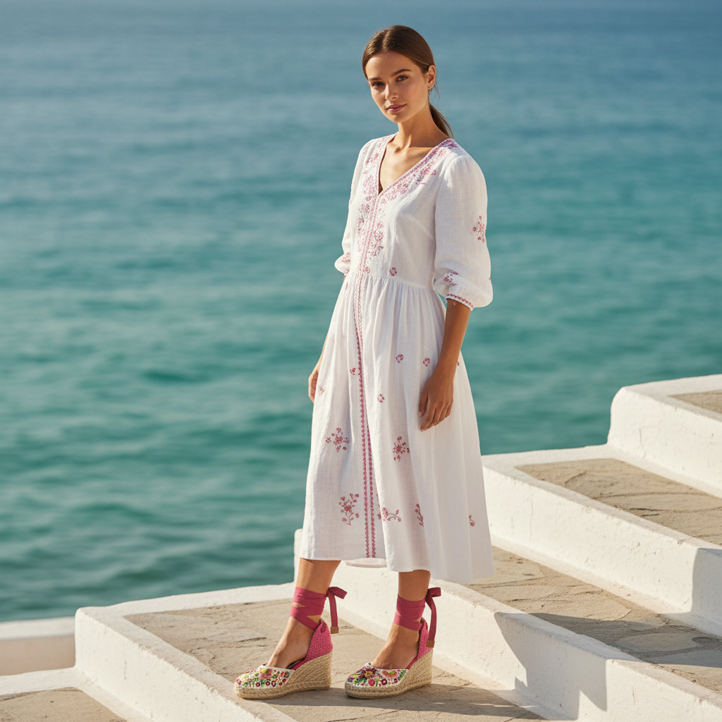Woman standing on stone whitewashed steps wearing whit linen summer dress and pink espadrilles with pcean in the background. 