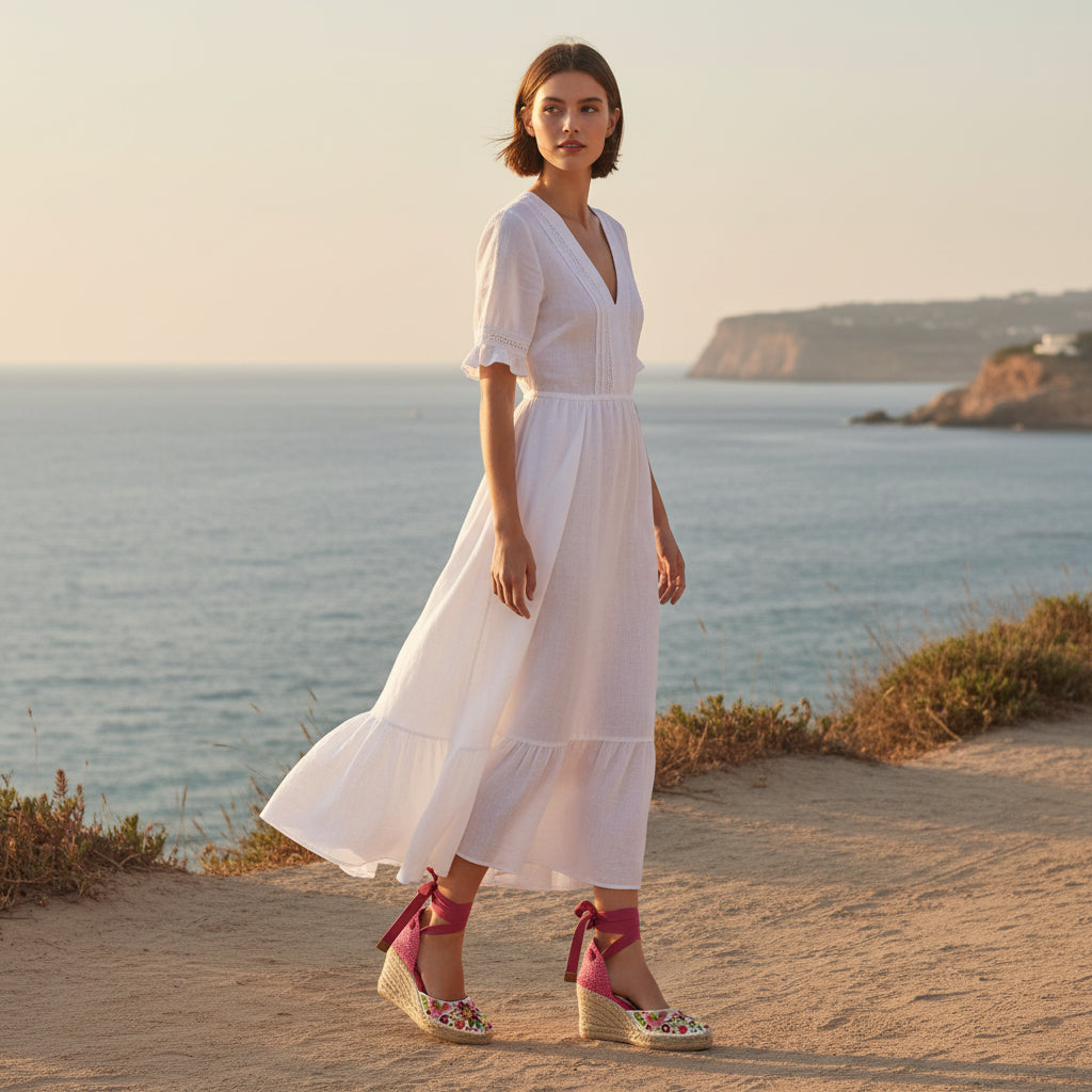 Woman in a white dress standing on a coastal path with ocean and cliffs in the background