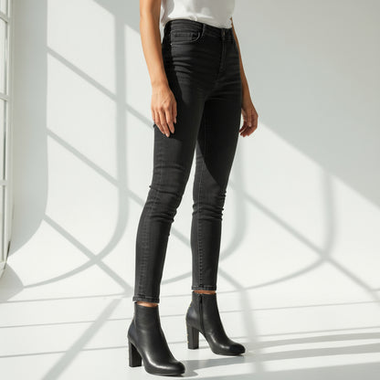 Petite women’s VIVA black leather ankle boots with gold studs and a stable 9cm block heel.