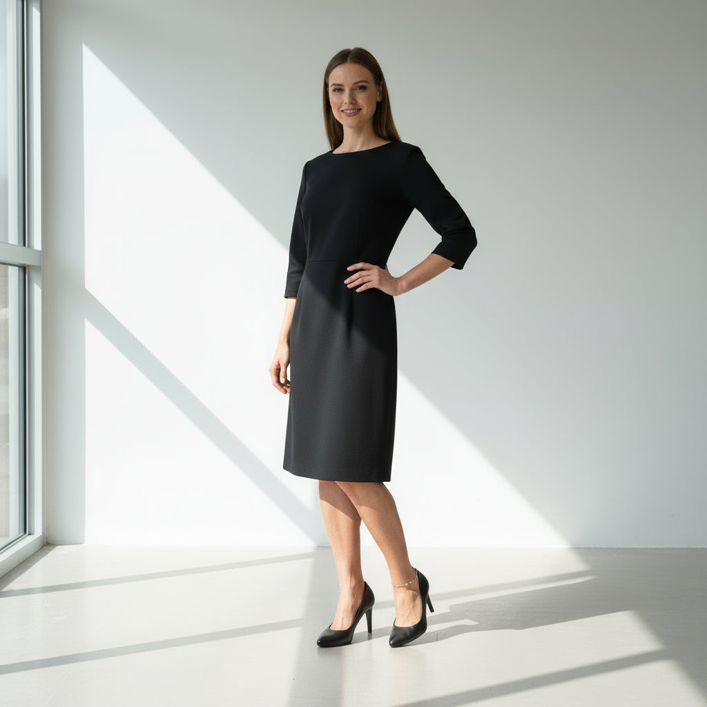 Black high-heeled shoes worn on a marble floor with a plant in the background