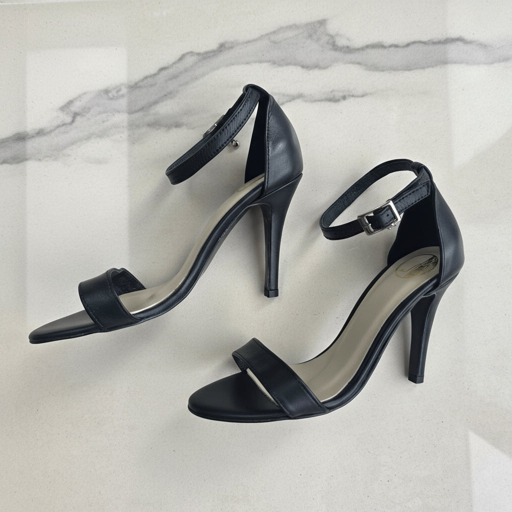 Side view of black leather small size women’s high heel sandals with ankle straps