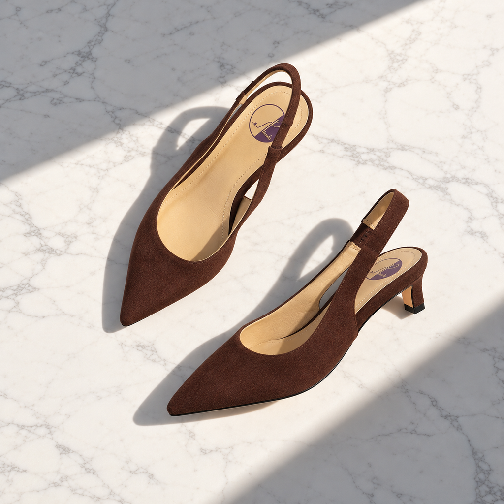 Brown suede pointed-toe slingback shoes for women with small feet
