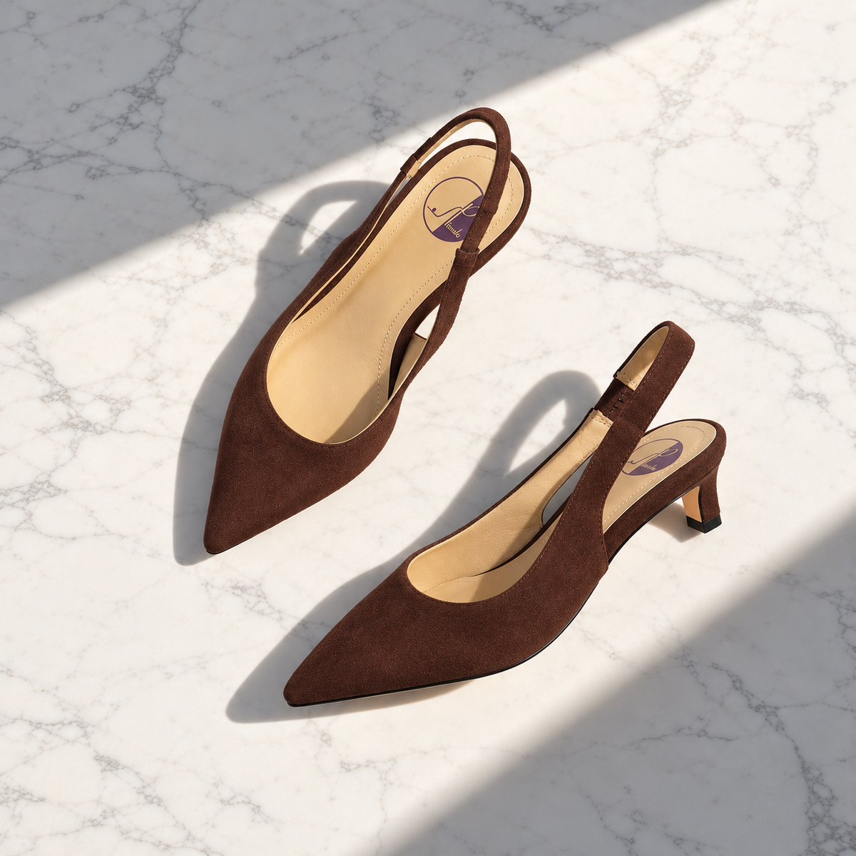 Brown suede pointed-toe slingback shoes for women with small feet