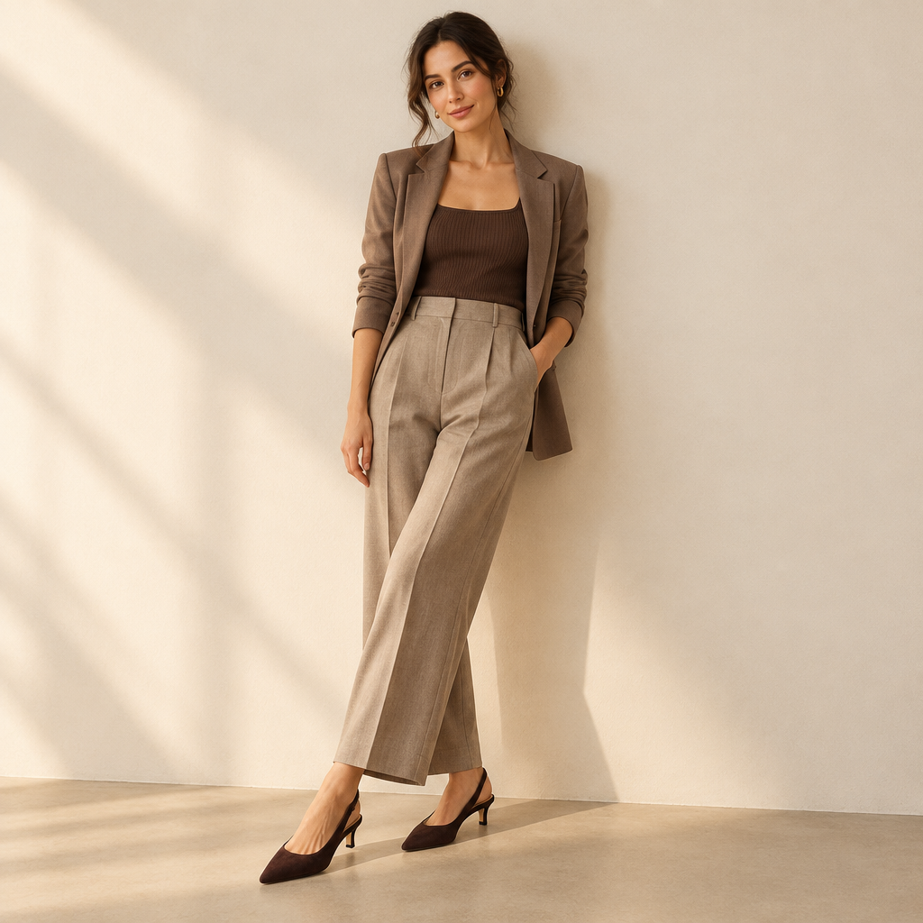 A woman stands against a warm off-white wall wearing a tailored taupe blazer, brown top, beige wide-leg trousers, and dark pointed heels.