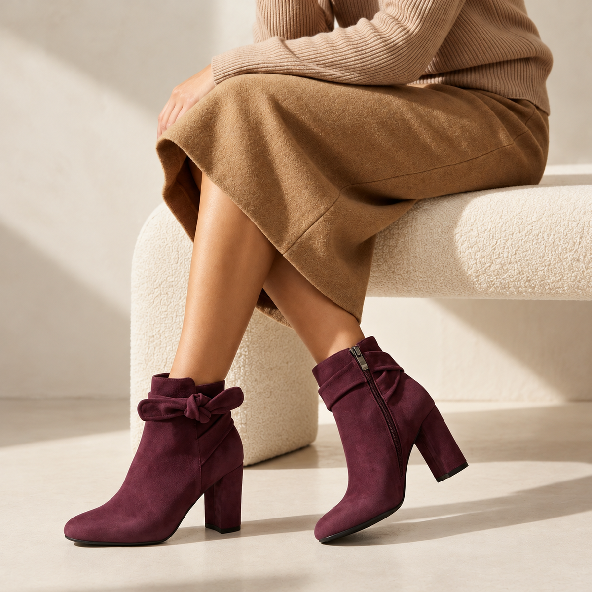 Seated woman wearing burgundy suede ankle boots with bow detailing and block heels, styled with a camel skirt and beige knitwear.