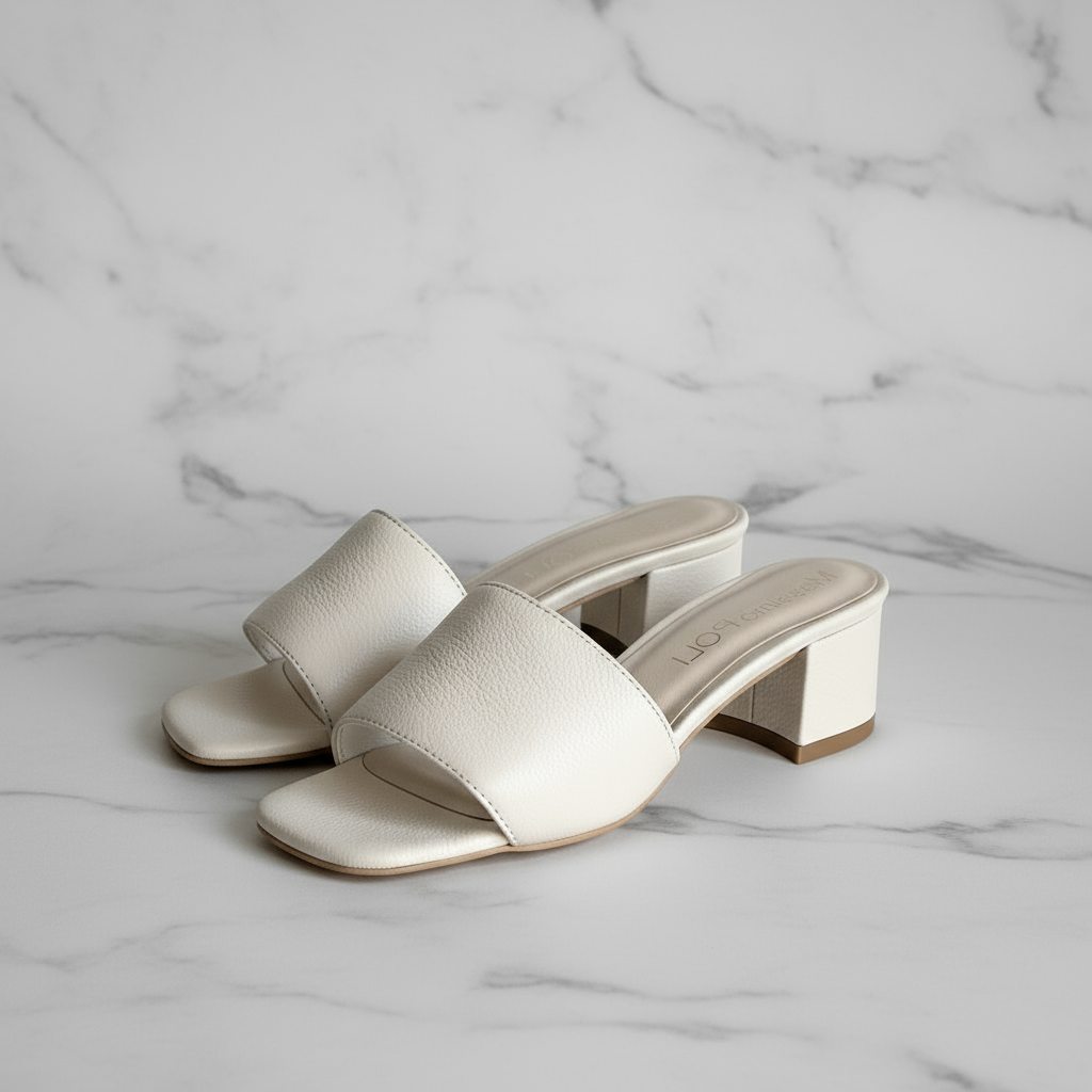 Pair of cream leather ROBIN sandals with 4CM block heel on marble background.