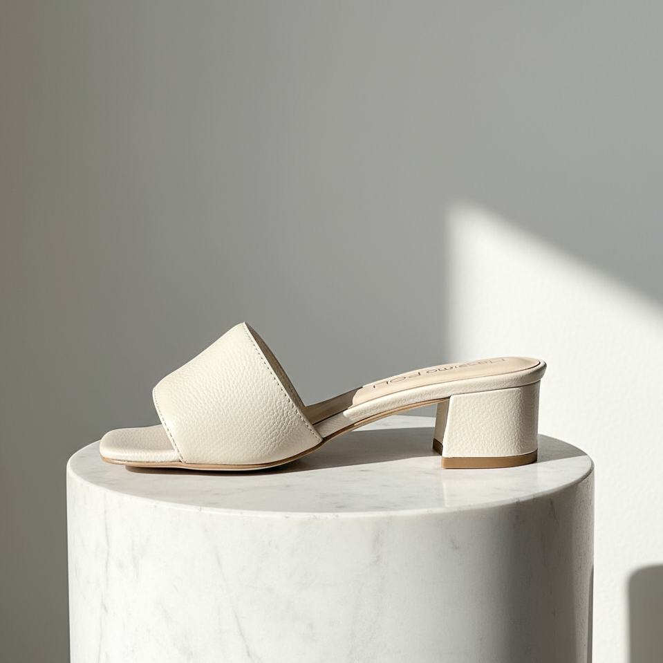 Beige sandal on a white marble pedestal with a soft shadow on a gray background
