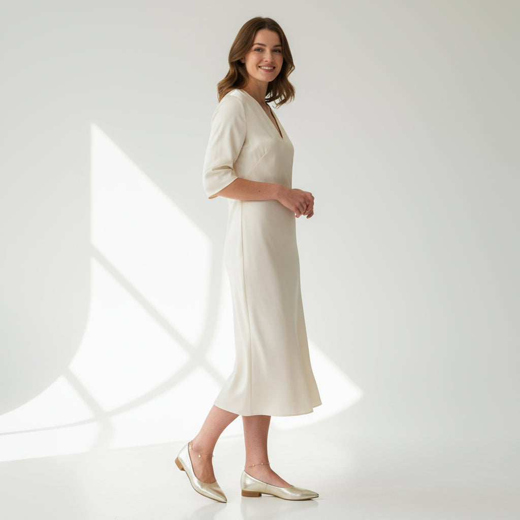 Petite small size gold leather ballerinas worn on feet with ankle jewellery on marble floor.