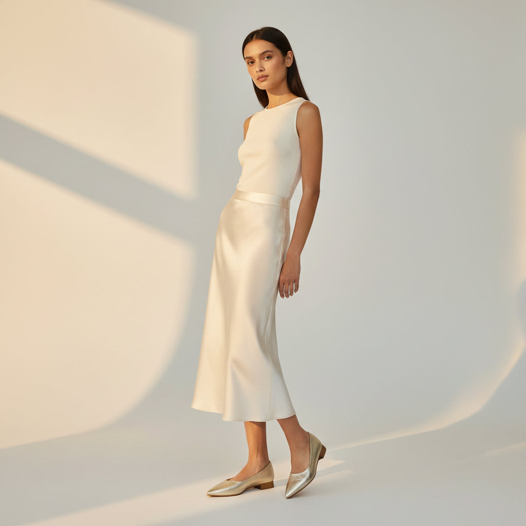 Woman wearing a white sleeveless dress standing against a neutral background