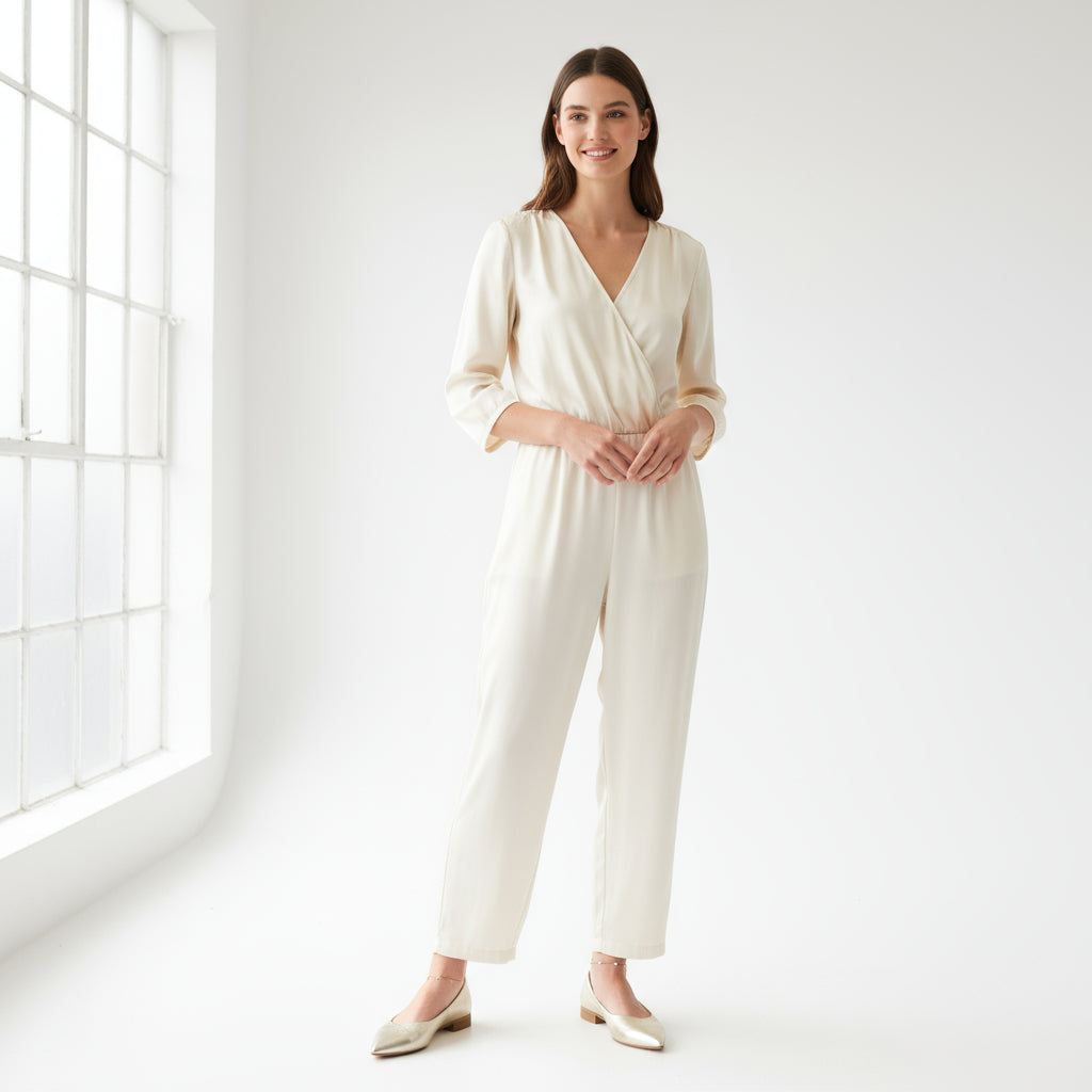 Woman wearing a cream jumpsuit standing in a bright room with large windows.
