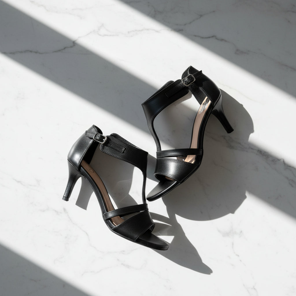 A pair of black leather high-heeled sandals with open toes, ankle straps, and buckle details, arranged on a white marble surface with dramatic diagonal shadows.