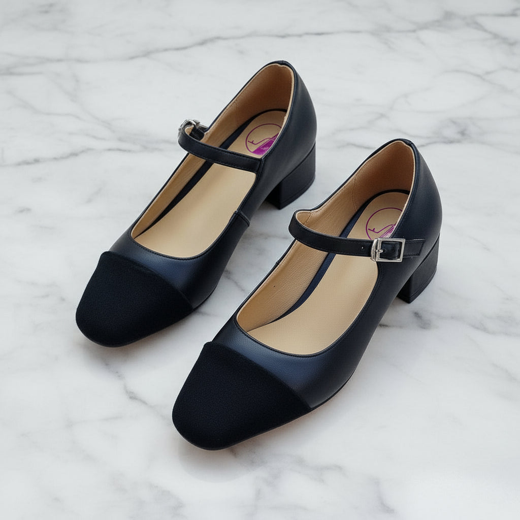 Pair of black high-heeled shoes with a strap on a light gray background