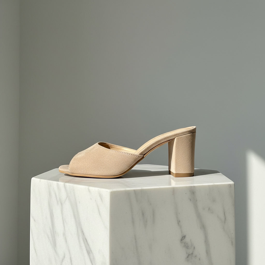 Beige sandal on a marble pedestal against a gray background