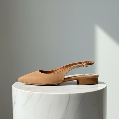 Small size poised toe tan suede slingbacks.