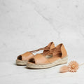 Tan leather peep-toe espadrilles with crisscross elastic straps and jute rope sole, designed for petite feet sizes 1-2.