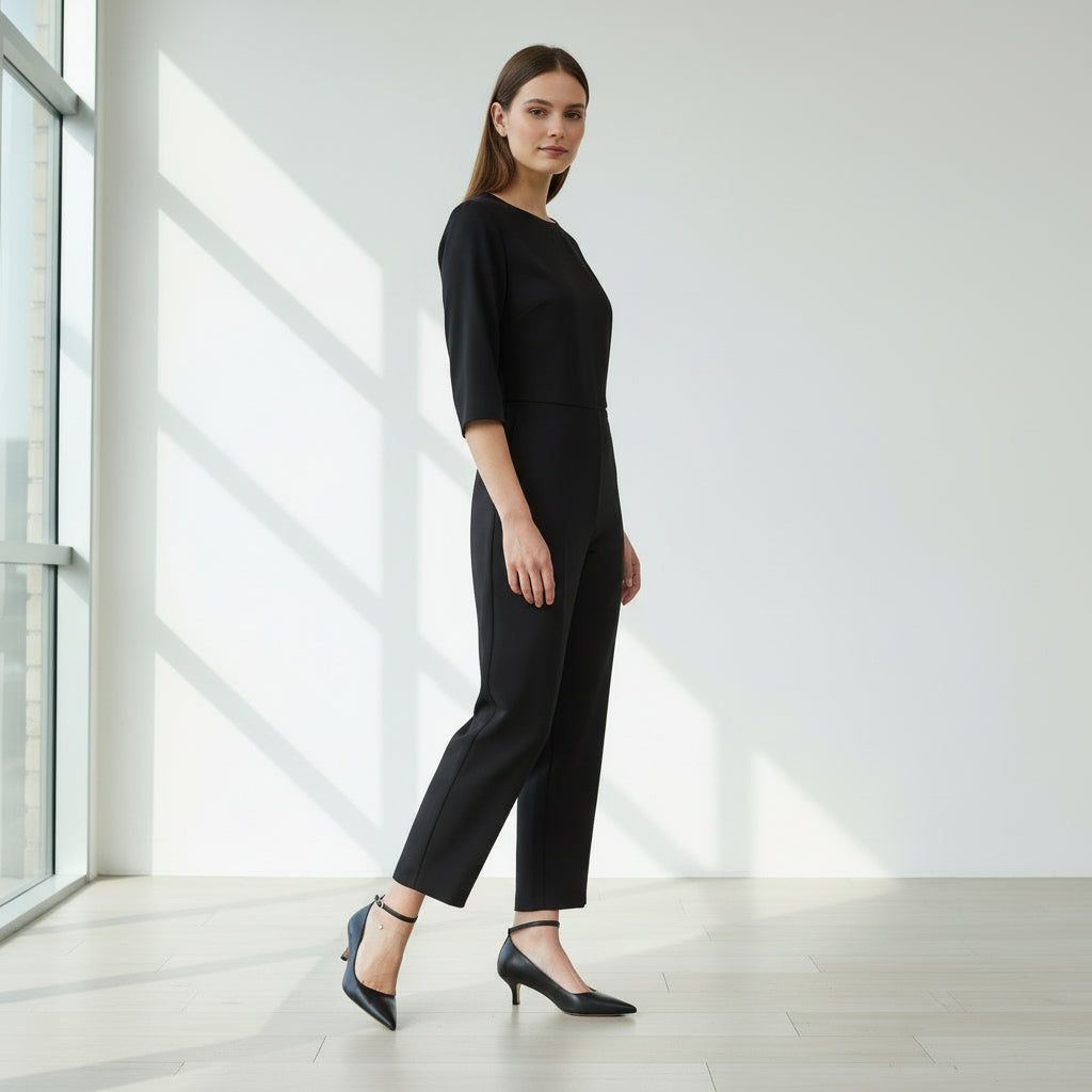 Woman wearing a black jumpsuit standing in a bright room with large windows.