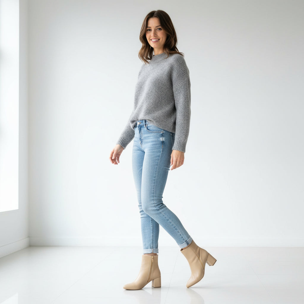 Beige ankle boots worn with light blue jeans on a tiled floor.