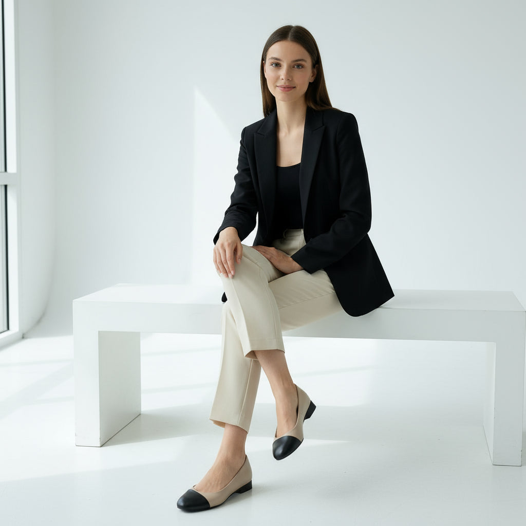 Woman in a black blazer and beige pants sitting on a white bench in a minimalistic setting.
