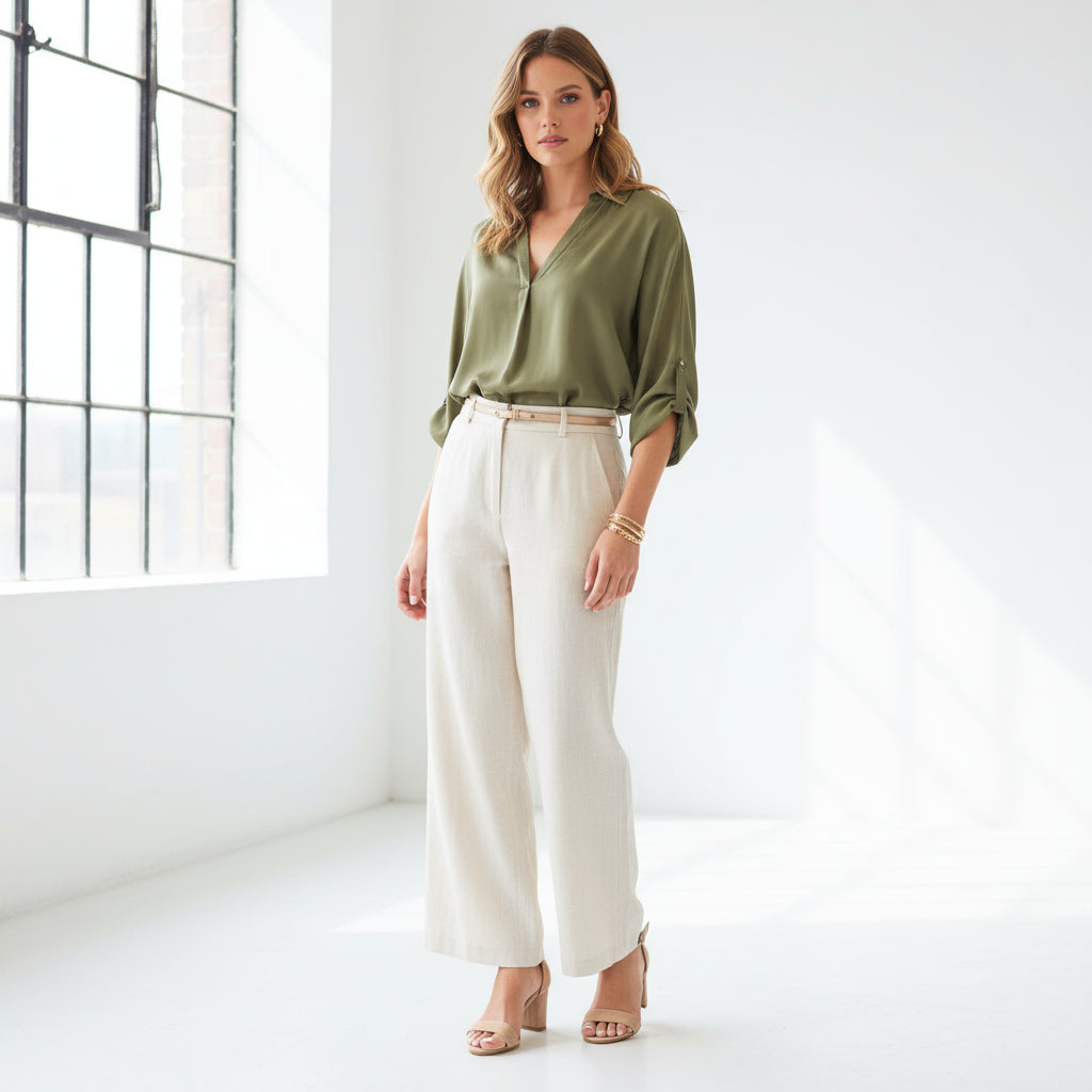 Woman wearing a green blouse and white pants in a bright room.