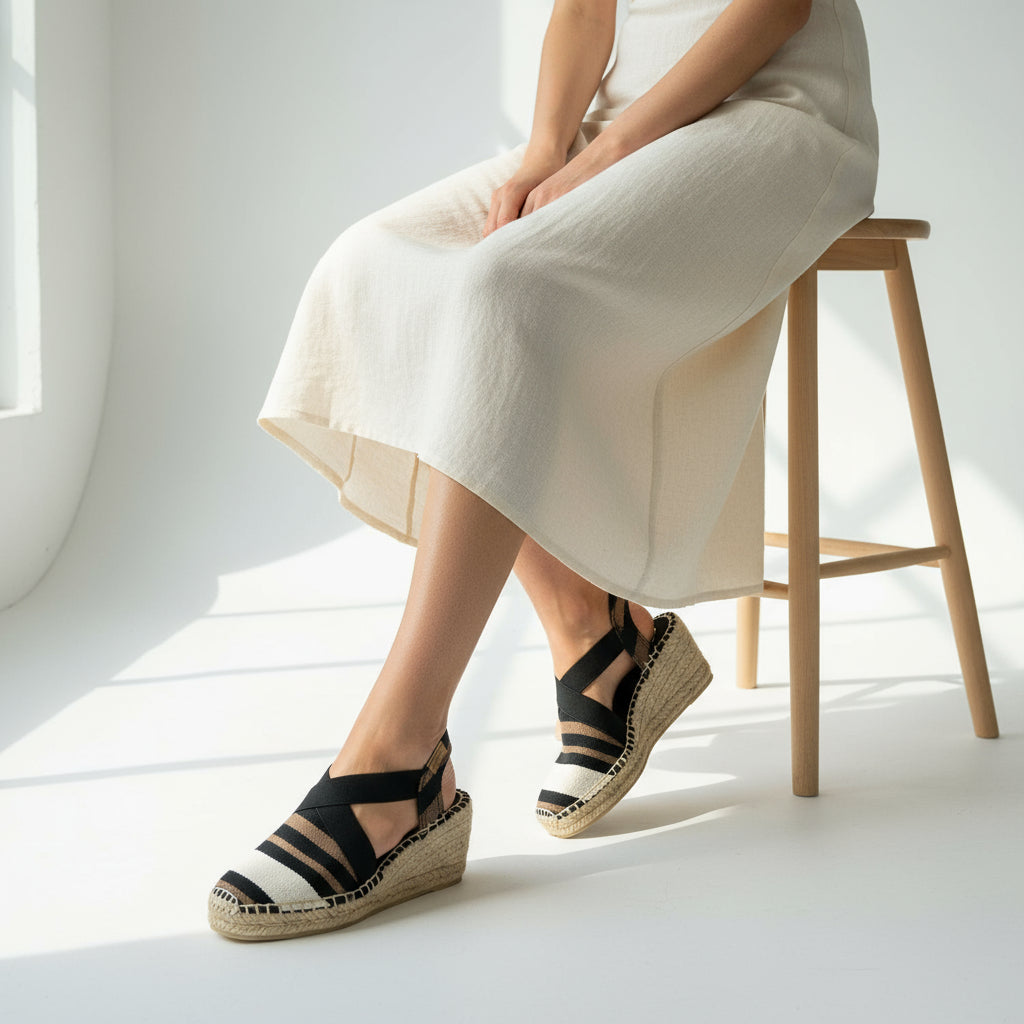 Person wearing black and white sandals sitting on a stool in a bright room.