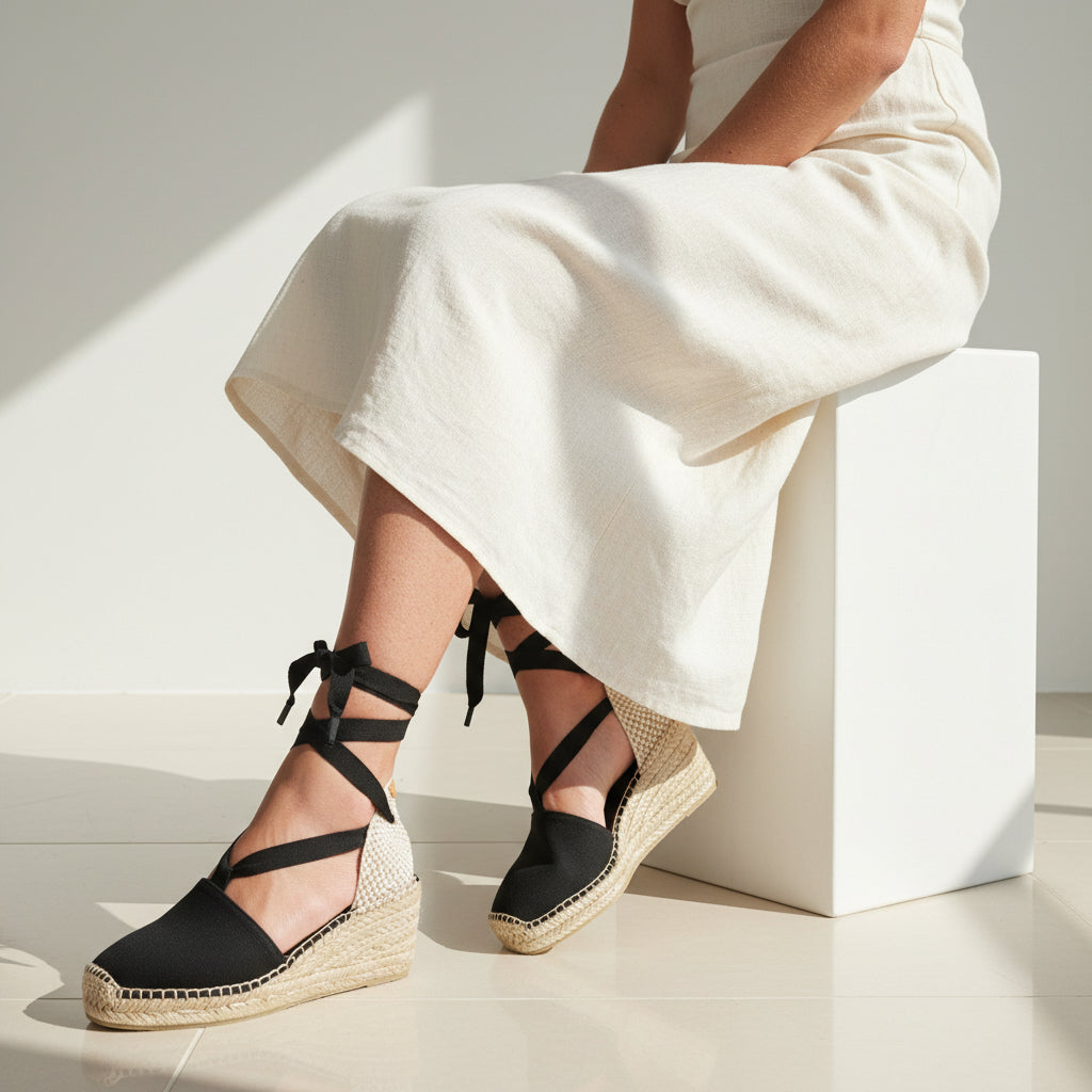 Person wearing black espadrille sandals with jute sole on a white background