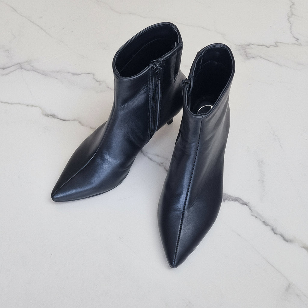 Pointed toe black leather kitten heel ankle boots