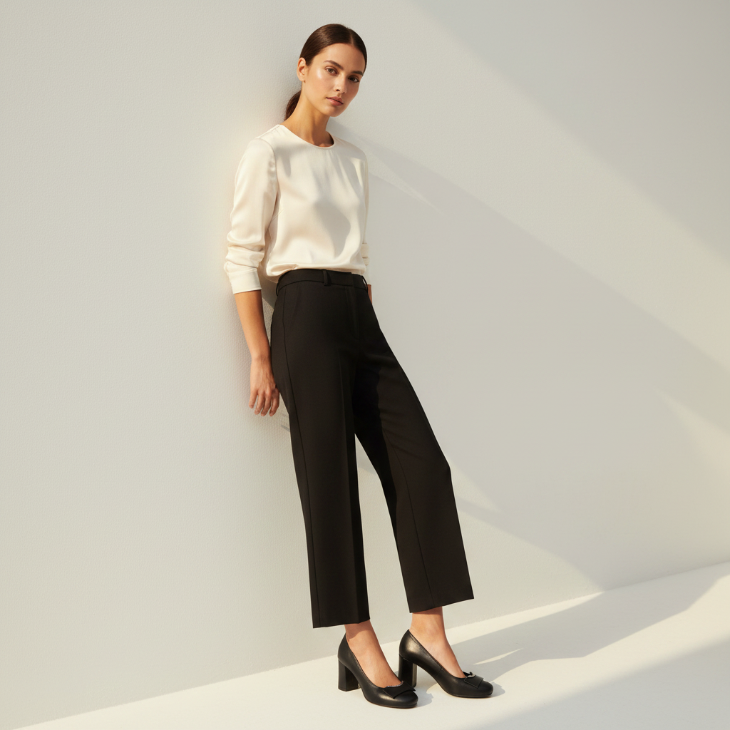 A woman models a white long-sleeve top and black wide-leg cropped trousers with black heels, standing against a minimalist white wall with soft diagonal shadows.